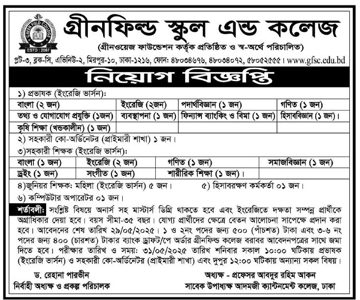 শিক্ষক নিয়োগ বিজ্ঞপ্তি -২০২৫